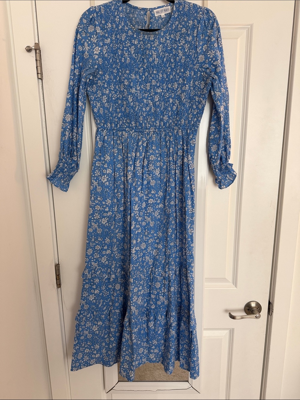 Girls' Blue Floral Smocked Waist Long-Sleeve Casual Dress